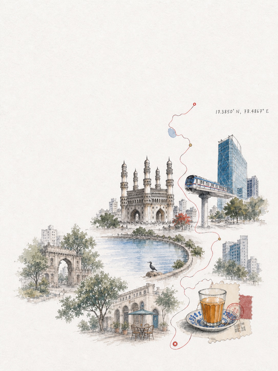 Illustrated Hyderabad at 17.3850°N, 78.4867°E — Charminar, a lake, a stepwell, the Metro and Irani chai, joined by a route.